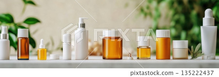 Natural skincare products arranged on a table surrounded by plants in a calming environment 135222437