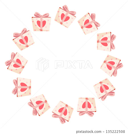 Round frame with gift boxes and pink hearts and space for text Round frame with gift boxes and pink hearts and space for text 135222508