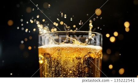 Refreshing beverage splashes in a glass, highlighting bubbles and a lively atmosphere during a celebration 135222541