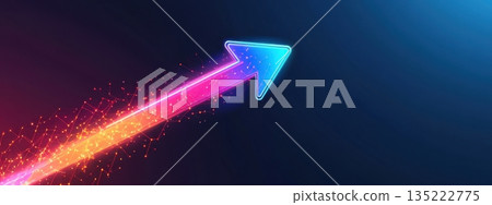 Colorful digital arrow pointing upwards with glowing effects in a dark background showcasing motion and energy 135222775