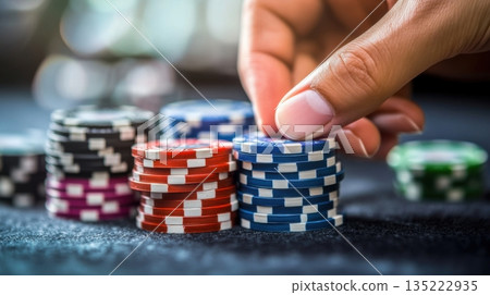 Hand selects poker chip in front of stacked casino chips during a game night at a vibrant card table in an upscale setting 135222935