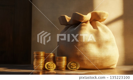 Golden coins stacked beside a burlap sack filled with currency on a wooden surface during daylight hours 135223100