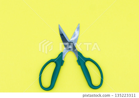 Yellow background and pruning shears gardening and DIY materials Yellow background and pruning shears gardening and DIY materials 135223311