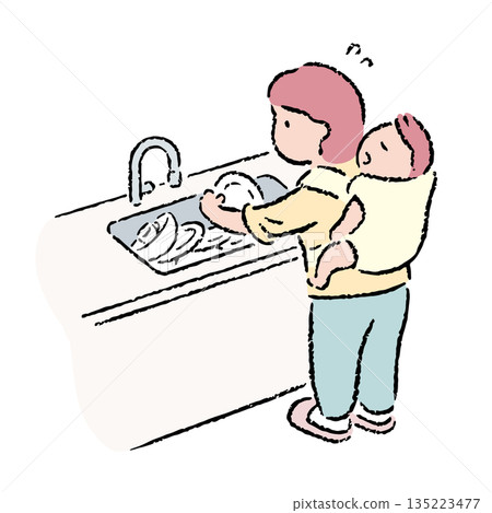 Hand-drawn mother doing housework while carrying her child on her back 135223477