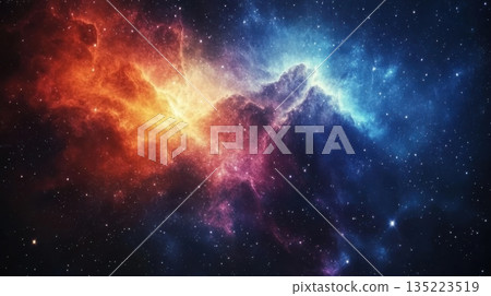 Bright cosmic nebula showcasing vibrant colors and intricate patterns in deep space 135223519