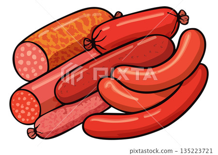 Bunch of assorted sausages, each sausage uniquely textured and detailed. Vector isolated illustration 135223721
