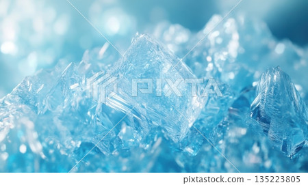 Intricate ice crystals glisten under soft light in a cool, serene atmosphere showcasing nature's beauty in a close-up view 135223805