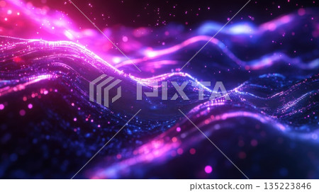 Vibrant waves of color undulating through a digital landscape filled with sparkling lights at night 135223846
