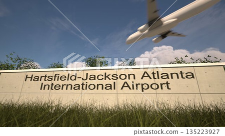 Arrivals at Hartsfield Jackson Atlanta International Airport with airplane landing near terminal, Atlanta, United States 3D rendering Arrivals at Hartsfield Jackson Atlanta International Airport with airplane landing near terminal, Atlanta, United States 3D rendering 135223927