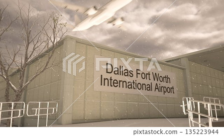 Dallas Fort Worth International Airport exterior with airplane overhead in winter snowfall, Dallas Fort Worth, United States 3D rendering Dallas Fort Worth International Airport exterior with airplane overhead in winter snowfall, Dallas Fort Worth, United States 3D rendering 135223944