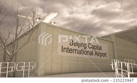 Beijing Capital International Airport exterior with airplane overhead in winter snowfall, Beijing, China 3D rendering Beijing Capital International Airport exterior with airplane overhead in winter snowfall, Beijing, China 3D rendering 135223947