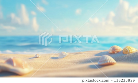 Seashells scattered on a sandy beach with azure waves reflecting the sunny sky 135223959