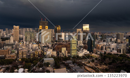 籠罩在陰雲中的東京城市景觀，以及BLUE FRONT SHIBAURA的建築群。 135223970