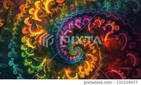Colorful spiral fractal design with intricate patterns in vibrant hues showcasing artistic creativity and complexity 135224077