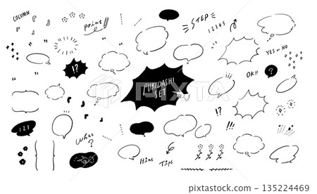 Vector illustration set of hand-drawn monochrome line drawing speech bubbles and decorative materials Vector illustration set of hand-drawn monochrome line drawing speech bubbles and decorative materials 135224469