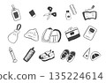 A set of hand-drawn monochrome illustrations related to elementary school and enrollment 135224614