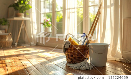 Cleaning the floor in the living room with natural light coming in through the window and cleaning supplies such as buckets and mops 135224669