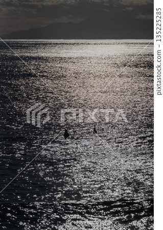 兩個人漂浮在逆光的海面上，波光粼粼的水面。 135225285