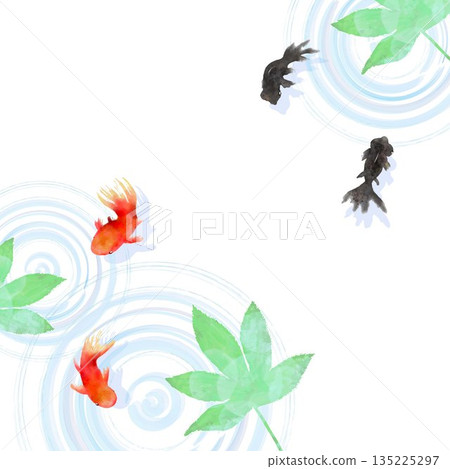一幅極簡主義日式插畫，描繪了從上方俯瞰的金魚、樹葉和水面漣漪。 135225297