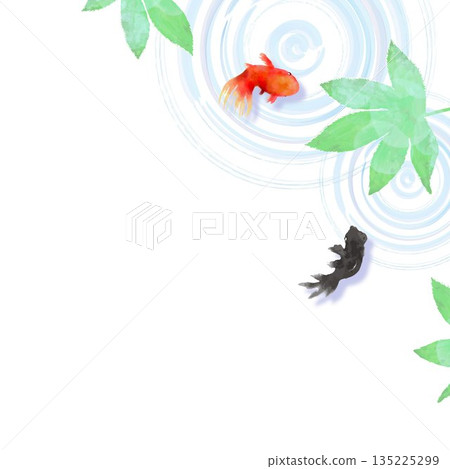 A minimalist Japanese-style illustration of goldfish, leaves, and ripples on the water surface seen from above A minimalist Japanese-style illustration of goldfish, leaves, and ripples on the water surface seen from above 135225299