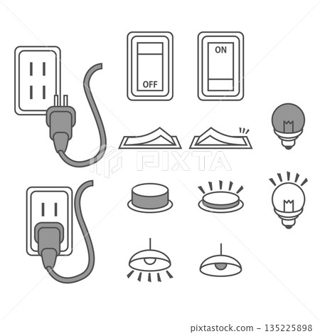 Illustration set of power on/off and outlet, illustration set that can be used to explain lighting and home appliances 135225898