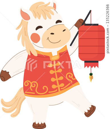 White horse celebrating chinese new year, holding a red lantern and wearing traditional costume. 135226366