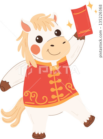 Cute cartoon horse character holding a red envelope, celebrating Chinese New Year. Cute cartoon horse character holding a red envelope, celebrating Chinese New Year. 135226368
