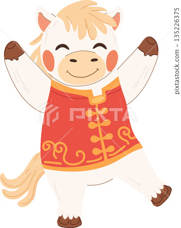 A smiling zodiac character white horse wearing a red traditional outfit. chinese new year. 135226375