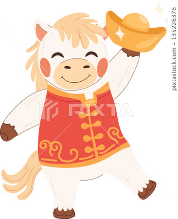 white horse holding gold symbol of wealth chinese zodiac lunar new year 135226376