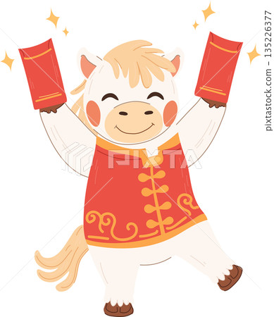 Happy white horse zodiac character celebrating Chinese New Year holding red envelopes with both hands during the lunar new year festival 135226377