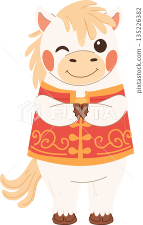 Festive white horse cartoon illustration for chinese new year. Zodiac animal character representing good fortune and prosperity Festive white horse cartoon illustration for chinese new year. Zodiac animal character representing good fortune and prosperity 135226382