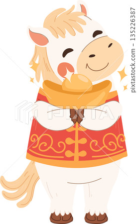 friendly white horse character celebrating year of the horse in chinese new year, holding fortune gold 135226387