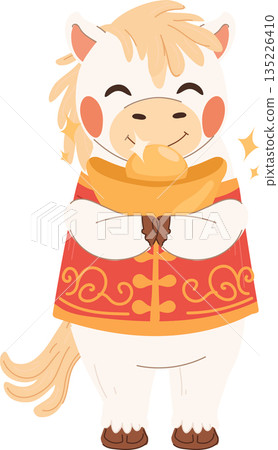 cute white horse hugging a gold ingot with eyes closed celebrating chinese new year 135226410
