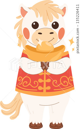 cute white horse holding a gold ingot with open eyes celebrating chinese new year 135226411