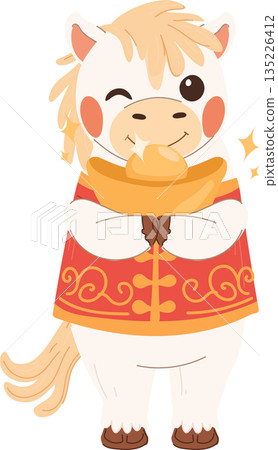 cute white horse winking while holding a gold ingot celebrating chinese new year 135226412