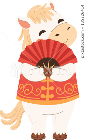 cute white horse with eyes closed holding a red chinese folding fan celebrating chinese new year cute white horse with eyes closed holding a red chinese folding fan celebrating chinese new year 135226414