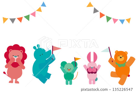 可愛的動物們揮舞著旗幟，歡慶的插圖 135226547
