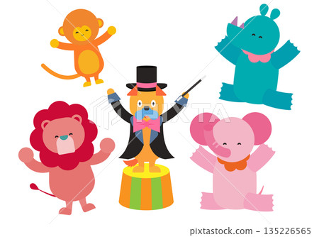 描繪可愛動物在馬戲團表演的插圖 135226565