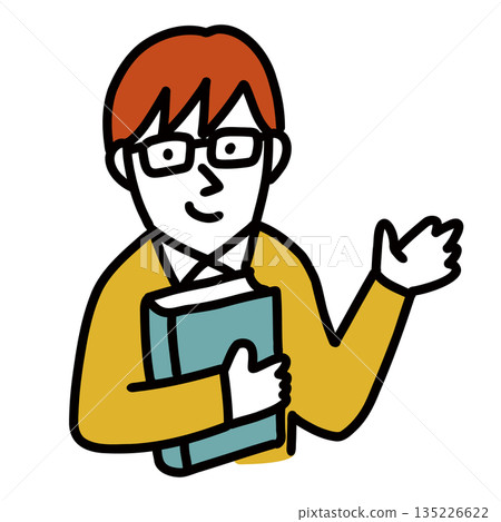 Illustration icon of a junior high school or high school student wearing a uniform, an honor student with glasses holding a book 135226622