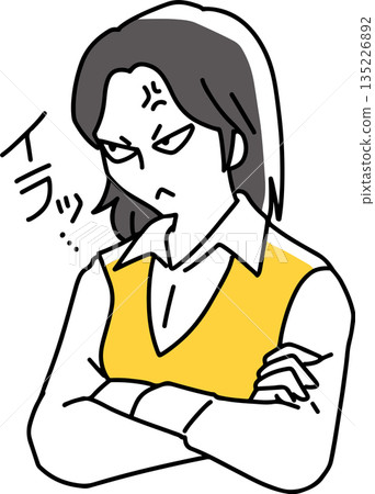 A woman with her arms crossed and glaring diagonally upwards A woman with her arms crossed and glaring diagonally upwards 135226892