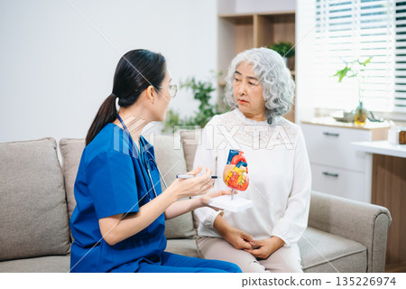 Asian nurse explains a heart model to an elderly woman at home, focusing on heart health, cardiology, patient education, senior care, and modern home 135226974