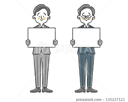 Middle-aged businessman holding a whiteboard, full body vector 135227121