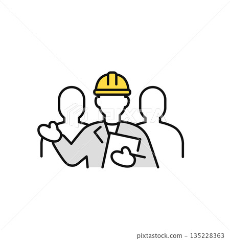 簡單的向量圖標，描繪了一名現場工作人員手持文件並提供指導。 135228363