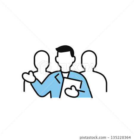 簡單的向量圖標，描繪了一名工作人員手持文件並提供指導。 135228364