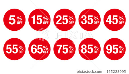 Set of circular, transparent red logos with text ranging from "5% OFF" to "95% OFF" 135228995