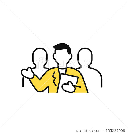 簡單的向量圖標,描繪了一位商人手持文件並給出指示的場景。 簡單的向量圖標,描繪了一位商人手持文件並給出指示的場景。 135229008