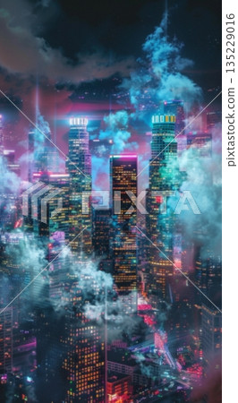 Mysterious night view of urban buildings shrouded in mist 135229016