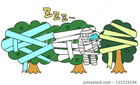 樹木間睡著的木乃伊男子的插圖 135229194