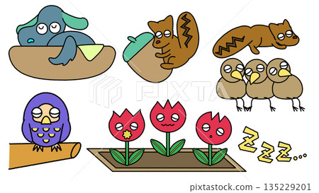 可愛的動植物睡眠和生長的插圖素材 可愛的動植物睡眠和生長的插圖素材 135229201