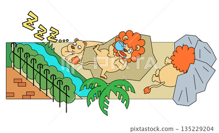 Illustration of a lion taking a nap in the shade Illustration of a lion taking a nap in the shade 135229204